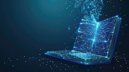 Wall Mural - a glowing book made of geometric shapes on a dark blue background.