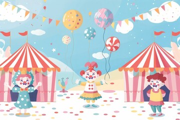 Wall Mural - cute illustration of charming circus theme with juggling clowns, and balloons in pastel colors 