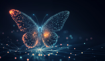 Abstract polygonal butterfly with glowing dots on a dark background, a concept of digital technology and global network connection. Copy space available. 