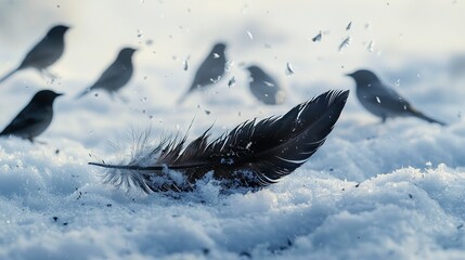 Poster -   A flock of birds perched atop a mound of snow alongside a black bird's feather on top of the same pile