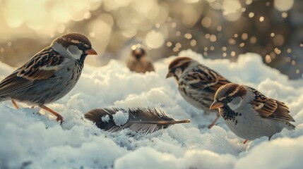 Poster -   A flock of birds perched atop a mound of snow adjacent to a deceased avian resting on another snow pile