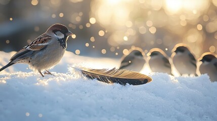 Sticker -   A flock of birds perched atop a mound of snow alongside a single feather resting atop the same pile