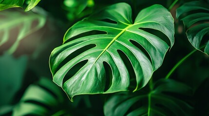 Wall Mural -   A sharp image of a green leaf on a plant with a hazy backdrop featuring another foliage element in the near range