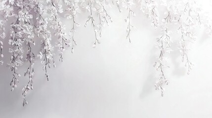 Poster -   A pristine white wall adorned with cascading white blossoms and a clock perched on its edge