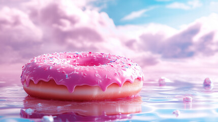 Wall Mural - Pink bright matte sweet donut with multi-colored sprinkles.
Delicious glazed donuts on a colorful fantasy background. AI generation