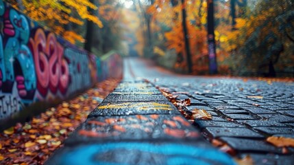 Wall Mural - Autumn Pathway with Graffiti Wall