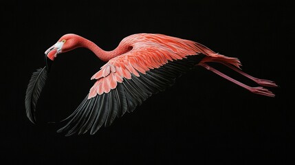 Poster -   A pink flamingo flies in the sky with spread wings and head held high