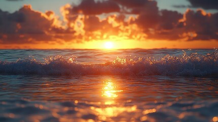   A sunset over a body of water with a wave coming towards the shore and the sun peeking through the clouds