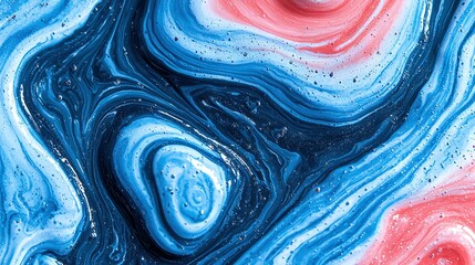 Canvas Print -   A high-resolution photo of a vibrant liquid mix with blue, red, and white hues, exhibiting intricate swirl patterns and water droplets on its surface