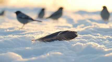 Wall Mural -   A flock of avian creatures perched atop a mound of frozen precipitation adjacent to an individual feather resting atop the same pile