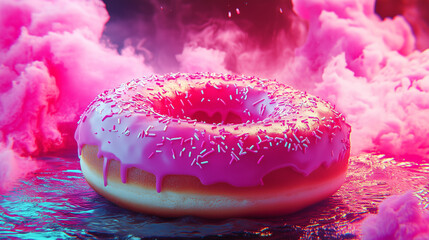 Wall Mural - Pink bright matte sweet donut with multi-colored sprinkles.
Delicious glazed donuts on a colorful fantasy background. AI generation