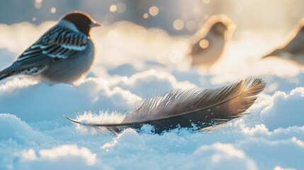 Sticker -   A few birds perched atop snow piles with a feather atop the same