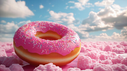 Pink bright matte sweet donut with multi-colored sprinkles.
Delicious glazed donuts on a colorful fantasy background. AI generation