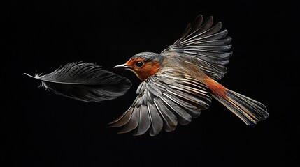 Poster -   A bird soaring in the sky with a feather in its beak and spread-out wings