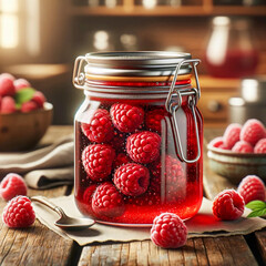 Poster - Raspberry jam in a clear glass jar on a rustic wooden table