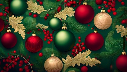 Poster - green christmas background with fir branches, christmas baubles, pine cones and candles