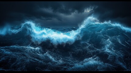 dramatic stormy ocean waves at night