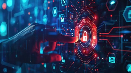Canvas Print - a hand reaches out to activate a glowing padlock icon, surrounded by a digital network.