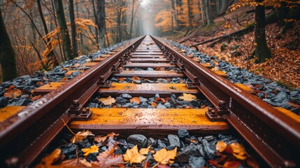 Wall Mural - Autumn Railroad Tracks Through Forested Landscape