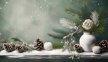 Poster - green christmas background with fir branches, christmas baubles, pine cones and candles