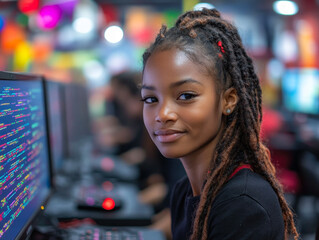 young female programmer coding in computer lab