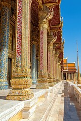 Canvas Print - Ornate Golden Columns and Blue   Red Mosaic Tiles at a Thai Temple