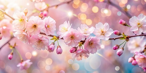 Wall Mural - Delicate round petals of cherry blossoms glow softly, pastel pink hues, subtle bokeh, romantic mood, capturing the fleeting beauty of spring.