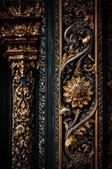 Sticker - Intricate Black and Gold Floral Carving on Wooden Door