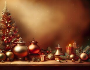 Poster - copper colored christmas background with golden colors, christmas balls, decorations and feathers