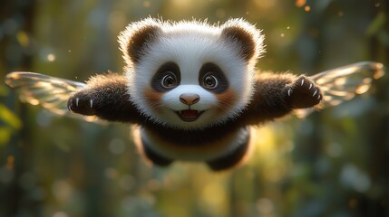 mini panda mignon en envol dans une forêt enchantée ; petit animaux fantastique et adorables