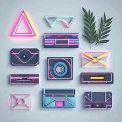 Sticker - Retro Neon Geometric Shapes and Vintage Technology Symbols