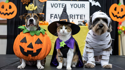 Adorable pets dressed in Halloween costumes for a fun, festive competition. Perfect for pet, holiday, and event themes. 
