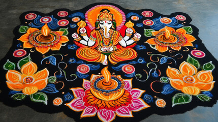 Happy Diwali, A large, colorful rangoli design with Ganesha and oil lamps, flowers around him. The background is black, Colorful Rangoli, Diwali celebration