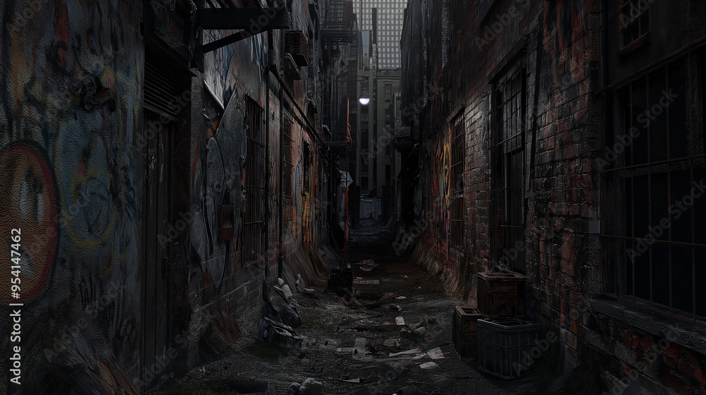 Narrow, dimly lit alleyway at night in an urban environment, featuring ...