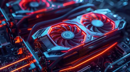 Wall Mural - Close-up of a graphics card with a glowing orange light illuminating the fan.