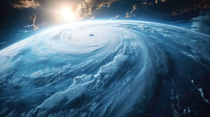 A swirling vortex of clouds forms a massive hurricane on a blue planet, viewed from space with the sun shining brightly in the background.