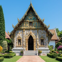 Wall Mural - Ornate Thai Temple with Golden Decorations and Blue Sky