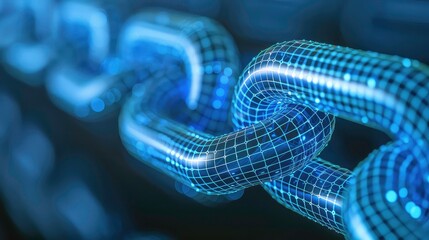 Poster - a 3d rendering of a glowing blue chain link with a wireframe grid effect.