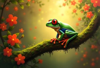 Beautiful Impressionist Painting of a Tree Frog Surrounded by a Vibrant, Colorful Background with Vintage Effects