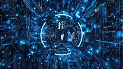 Wall Mural - abstract glowing digital circuit board with a padlock in the center.