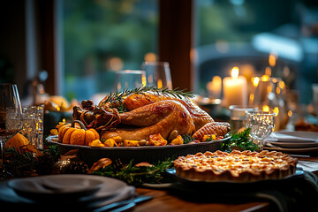 A festive Thanksgiving table set with traditional foods like roast turkey and pumpkin pie, celebrating gratitude and family togetherness with autumn decorations.
