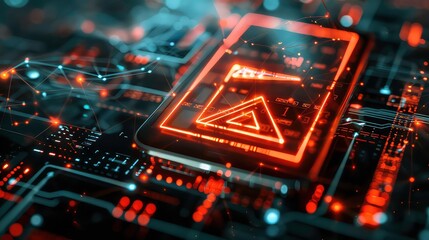 Wall Mural - A glowing orange triangle encased in a square frame sits on a dark background of a circuit board and a network of glowing lines.