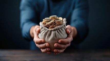 Wall Mural - Close-up of hands holding a bag full of gold coins, symbolizing wealth, savings, and financial security on a dark background.