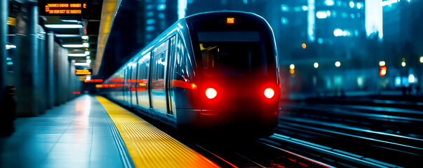 Poster - A modern train arriving at a vibrant urban station, surrounded by glowing lights and a lively city atmosphere.