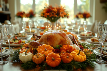 A festive Thanksgiving table set with traditional foods like roast turkey and pumpkin pie, celebrating gratitude and family togetherness with autumn decorations.
