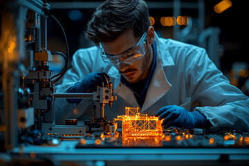 Sticker - An electronics technician assembling a 3D printer from components, illustrating the DIY approach and technological innovation in additive manufacturing.