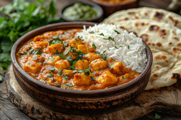 Canvas Print - A traditional Indian curry served with fluffy basmati rice and naan bread, showcasing the rich and aromatic flavors of Indian cuisine. Concept of Indian curries and traditional meals.