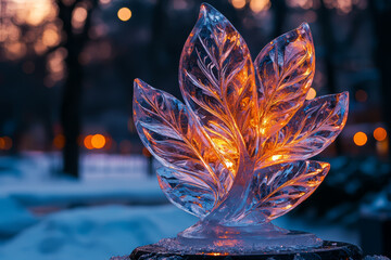 Wall Mural - a stunning ice sculpture at a winter festival, intricately carved and illuminated by colored lights,