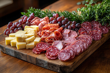 Canvas Print - A rustic charcuterie board with an assortment of cured meats, cheeses, and fresh fruits, highlighting the variety and sophistication of a gourmet appetizer.