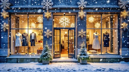 Winter wonderland boutique storefront with snowflakes gently falling